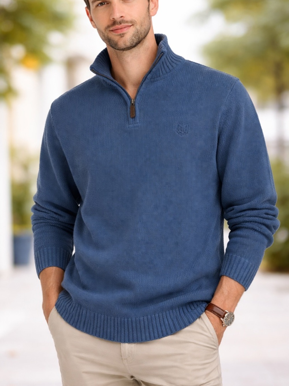 Chaps Mens Blue Knit Long Sleeve Quarter Zip V neck Sweater size Medium